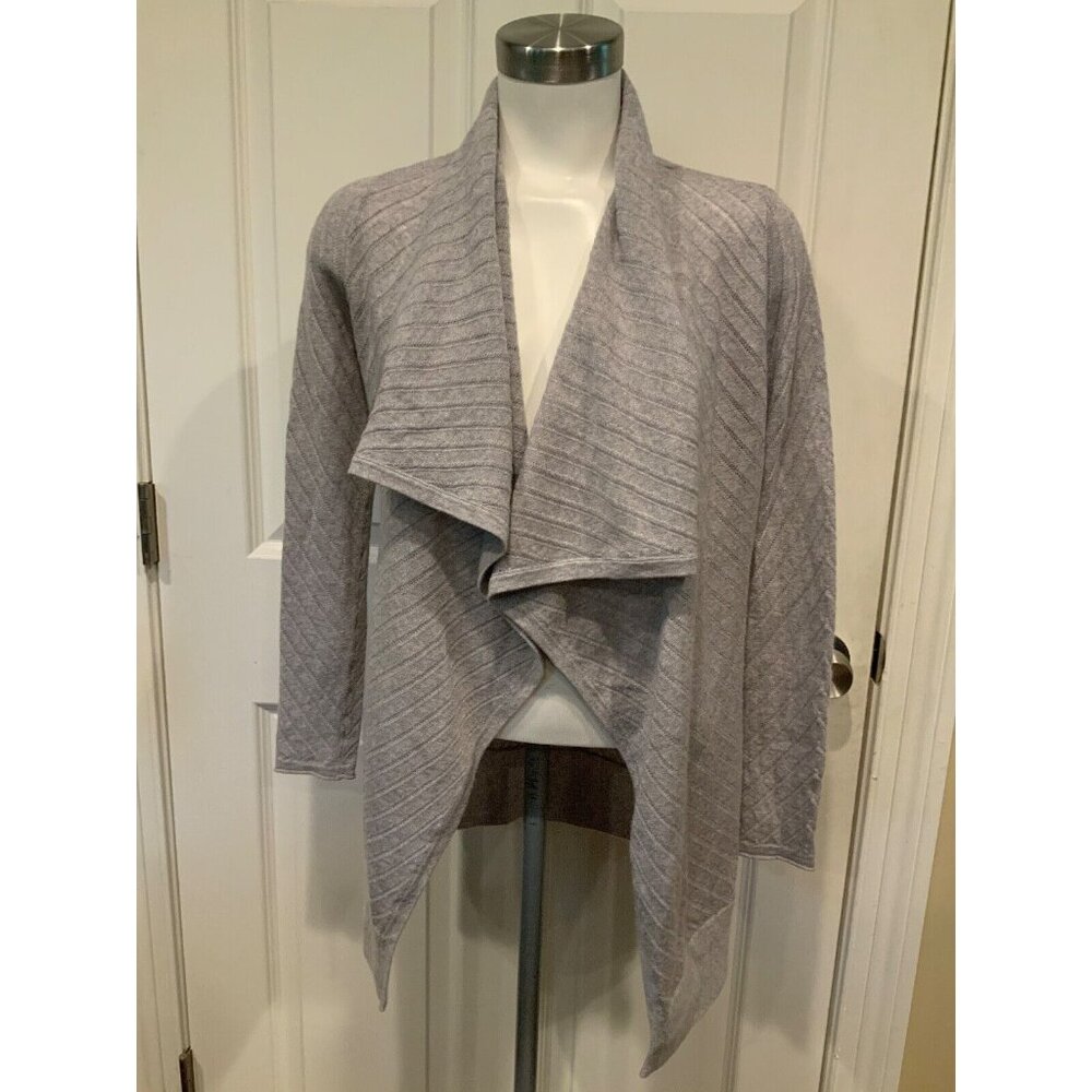 Tahari Gray Thin Knit Open Front Cardigan With Neckline Ruffle, Size S (US)